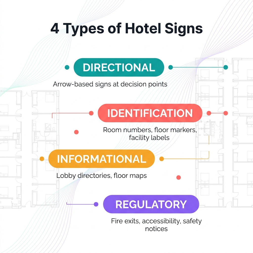 Four categories of hotel signage — directional, identification, informational, and regulatory