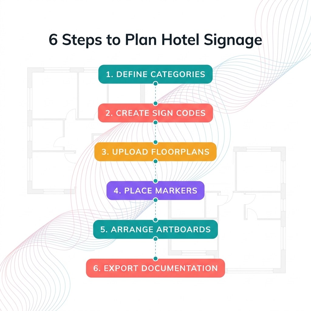 Six-step hotel signage planning workflow from categories to export