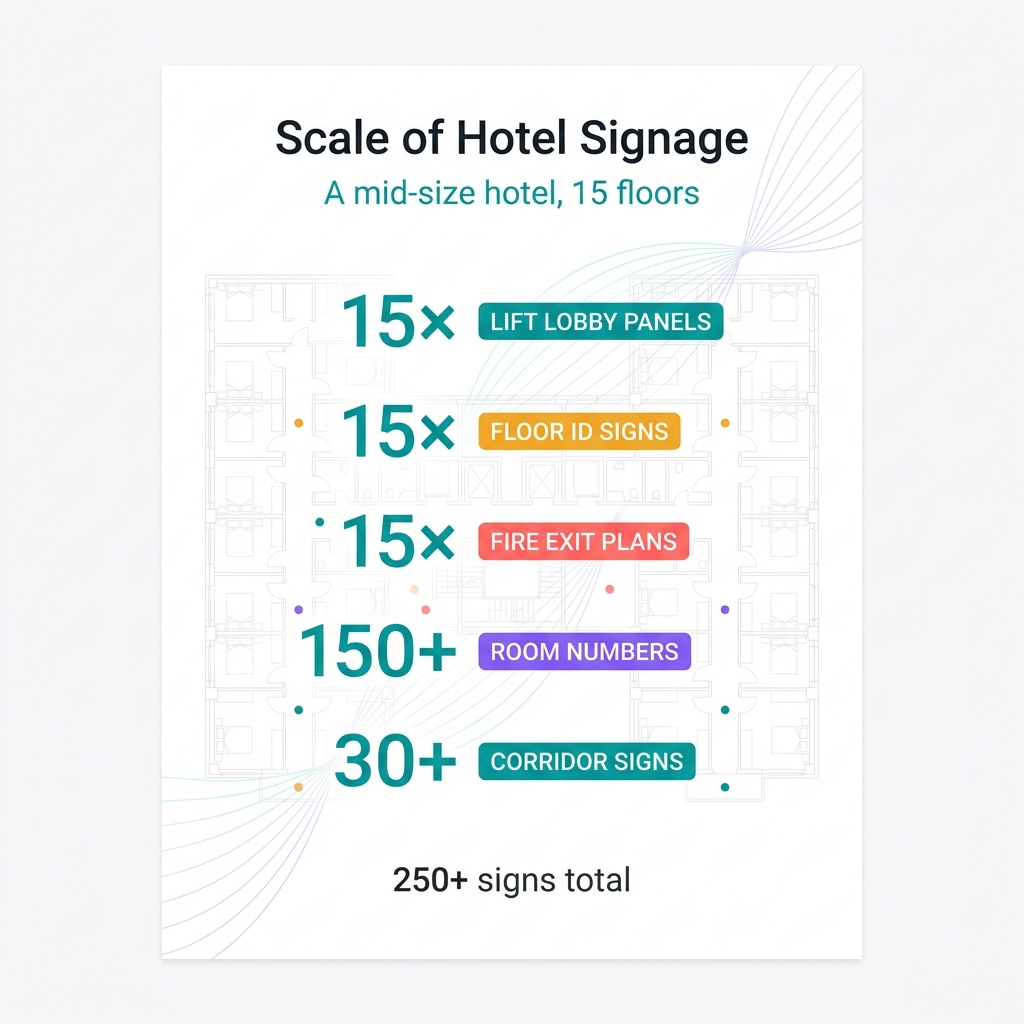 Hotel signage scale reference — mid-size hotel with 250 to 500 signs across 15 to 20 floors