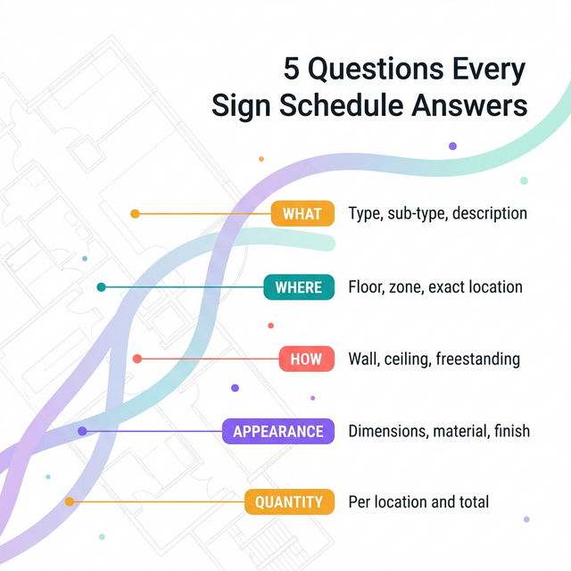Anatomy of a sign schedule — columns for sign code, type, location, mounting, material, and quantity