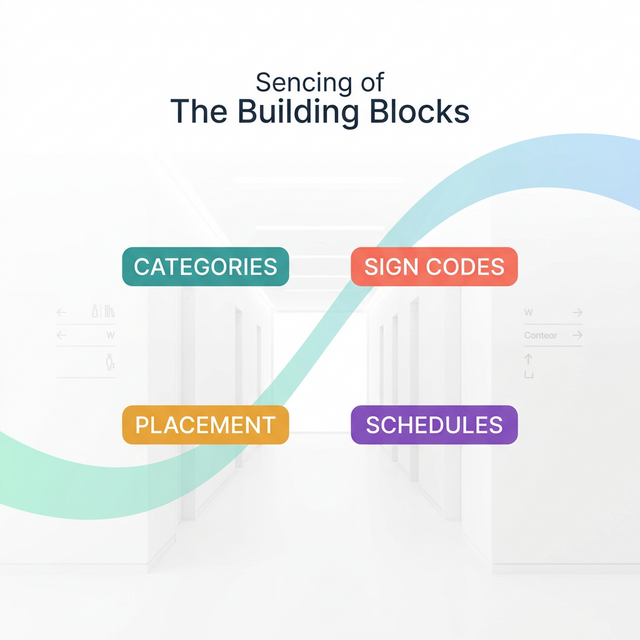 Core components of signage planning — categories, codes, floorplan placement, schedules, and BOQ